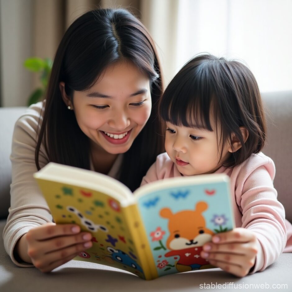 母親が幼稚園の娘に絵本を読み聞かせている様子